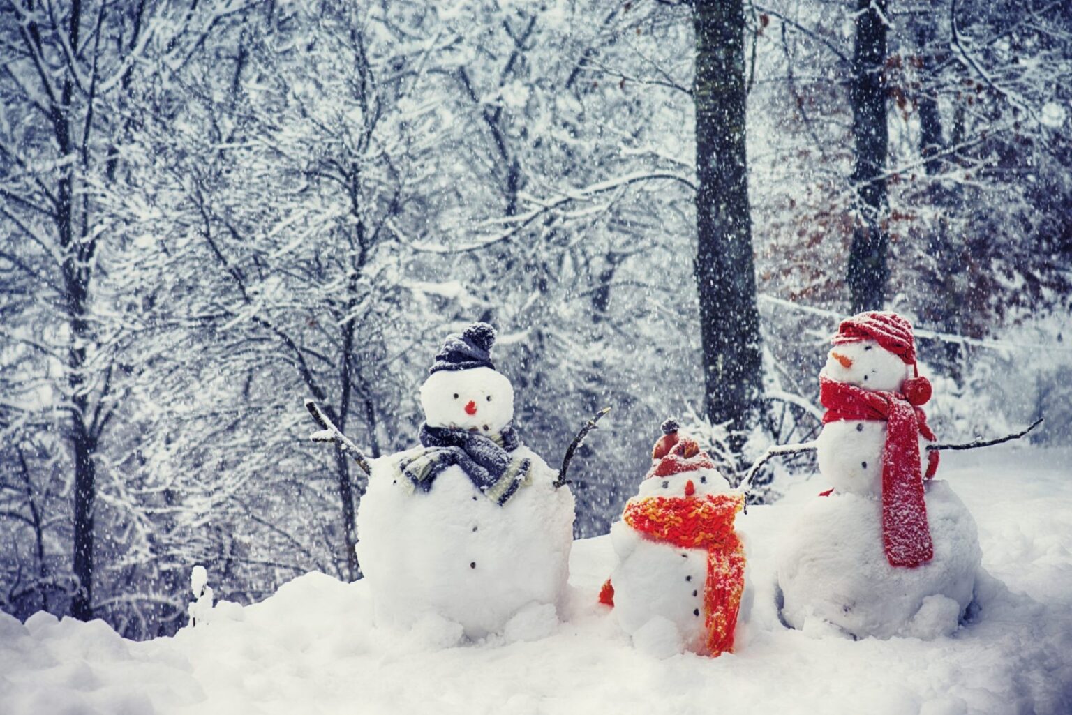 Group of snowmen with scarves and hats