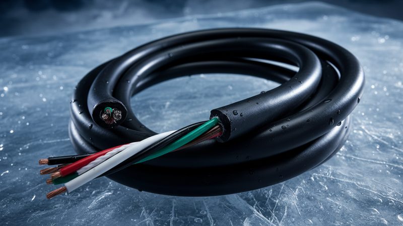 black multi-conductor cable laying on a sheet of ice
